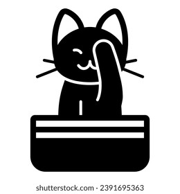 Cat sits in box cover eyes with paw solid icon, funny animals concept, kitty close eye vector sign on white background, glyph style icon for mobile concept and web design. Vector graphics