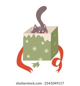 Cat Sits in a Christmas Gift Box. Cute Funny Feline Character. Hand Drawn Vector Illustration.