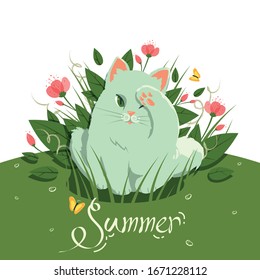 Cat sits in grass and flowers with butterflies and handwritten summer lettering
