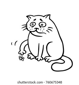 Cat sits and grimly pushes the dead fly. There is no one to play with. Vector Illustration. Cute emoticon character.