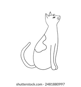 The cat sits with its head up. Simple drawing with black line isolated on white background.