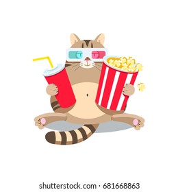 The cat sits and holds popcorn and sweet water on a white background. Modern flat style vector illustration clipart.