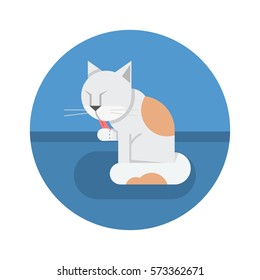 The cat sits and licks its paw, vector illustration.