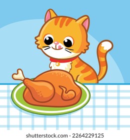 The cat sits and looks at the chicken. Vector illustration with pet and food in cartoon style.