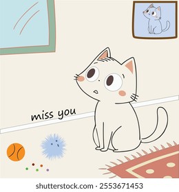 A cat sits and looks at the window, thinking about someone she's been waiting for. There are toys next to it. There is a cat picture frame on the right. Vector creme color background.
