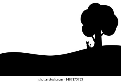 Cat sits near a tree, silhouette art image, vector illustration isolated on white background