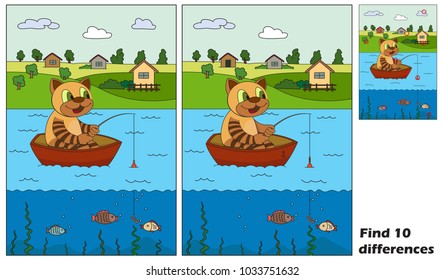 
Cat sits on a boat and catches fish. Find 10 differences. Educational game for children. Cartoon vector illustration. Eps 10