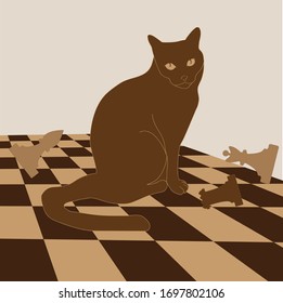   A cat sits on a chessboard and plays with pieces. Flat image. all elements are isolated. The Board is shown in 3D format.