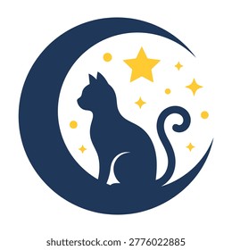 A cat sits on a crescent moon surrounded by stars, evoking a magical nighttime scene with a feline silhouette.