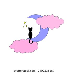 the cat sits on the moon and is surrounded by stars and clouds