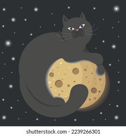 Cat sits on the moon. Vector illustration.