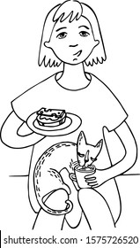 A cat sits on the girl’s. In one hand the girl holds a sandwich in the other mug. 
The girl is very passionate about something and does not see that the cat is drinking from her mug.