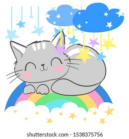 Cat sits on a rainbow. Beautiful illustration for children. Print for t-shirts, pajamas. Vector.