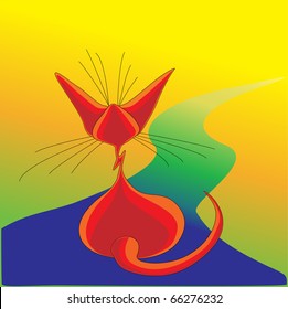 Cat sits on the road, looks into the distance, the road goes, red back cat, big ears, whiskers and tail are long
