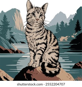 a cat sits on a rock in front of a river.