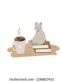 The cat sits on a stack of books near a cup of coffee. Vector illustration in cartoon style for sticker, print, poster, card