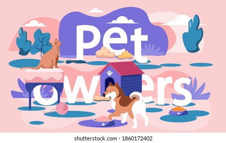 The cat sits on a stool and looks at the sky. Dog eating from a bowl of food. Animals spend time together and walk outside. Kitten and puppy sit near the booth and rest. Pet ownership concept