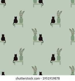 Cat sits on the table and beside the flower vase  ilustration vector seamless pattern.Great for wrapping paper,textile,fabric,and any prints.Eps10.