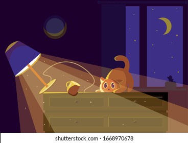 The cat sits on a table in the dark, made a mess, dropped a lamp and a mug, and got scared. Home cat under the moon under the stars