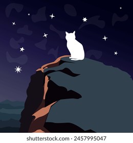 A cat sits on top of a hill and looks at the starry sky. The illustration is made in cold and dark colors. The picture conveys peace, dreams, loneliness.
