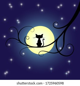 The cat sits on a tree branch under the moon