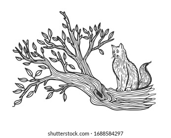 cat sits on a tree sketch engraving vector illustration. T-shirt apparel print design. Scratch board imitation. Black and white hand drawn image.