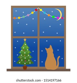 cat sits on a window with a Christmas tree and looks at the snow at night