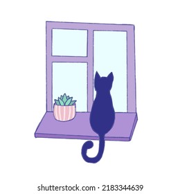 Cat sits on the window and looks outside. Flat vector illustration on white background