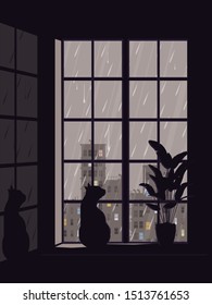 Un gato se sienta en una ventana y mira el paisaje de la ciudad lluviosa.