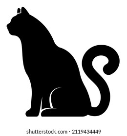 cat sits quietly with tail in shape of question mark. Silhouette of domestic cat, pets. Simple black and white vector isolated on white background