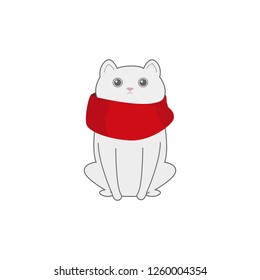 cat sits in a red scarf on a white background.