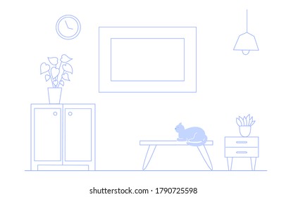 A cat sits in a room with a closet, window, and plant on the white background. The concept of a cozy apartment with an animal. Flat vector isolated illustration.