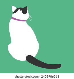 The cat sits. White cat with black tail and spots. Flat illustration. Vector image on bright background. Isolated object.