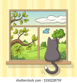 Cat sits at the window and sees a bird. Hand drawn vector illustration with separate layers.