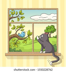 Cat sits at the window and sees a bird. Hand drawn vector illustration with separate layers.