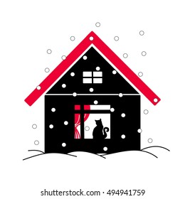 The cat sits in the window and watching the snow fall outside. Vector abstract illustration of black house with the red roof