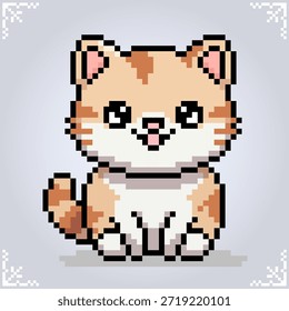 Un gato sentado en el arte de píxeles de 8 bits. Una mascota para activos de juego en Ilustración vectorial.