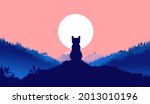 Cat sitting alone in nature looking at full moon - Calm animal on hilltop contemplating and relaxing. Cat life concept, vector illustration.