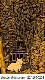 Gato sentado solo en la naturaleza. Vector tarde selva tropical jungla fondo con lindo gato. gatito solo en el estilo de la impresión de lino. imagen vectorial