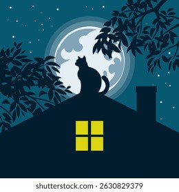 A cat sitting alone on the rooftop with full moon in the background