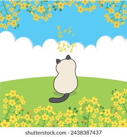 un gato sentado en el fondo de una flor de primavera
Traducción coreana : hello spring
