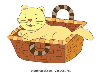 The cat is sitting in the basket