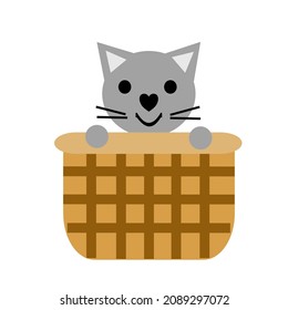 El gato está sentado en una canasta. El diseño es adecuado para los niños