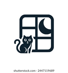 cat sitting beside the window logo vector illustration template design