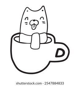 Cat sitting in a big coffee mug. Isolated icon. Outline illustration on white background.