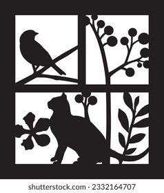 Cat sitting and bird with foliage ornament silhouette in window frame template for laser cutting paper cutout 