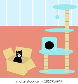 The cat is sitting in the box next to the cat tree house.Funny illustration about cat psychology.Vector illustration.