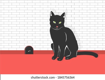 Cat sitting by the wall. Flat vector illustration.