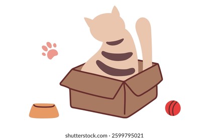 Cat sitting in cardboard box. Favorite place. Animal kitten in box, feline cat pet. Cute pet playing at home Flat Vector illustration isolated on white background. Hand draw animal, cartoon character.