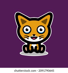 Cat Sitting with cartoon chibi style in background purple ,vector logo design editable